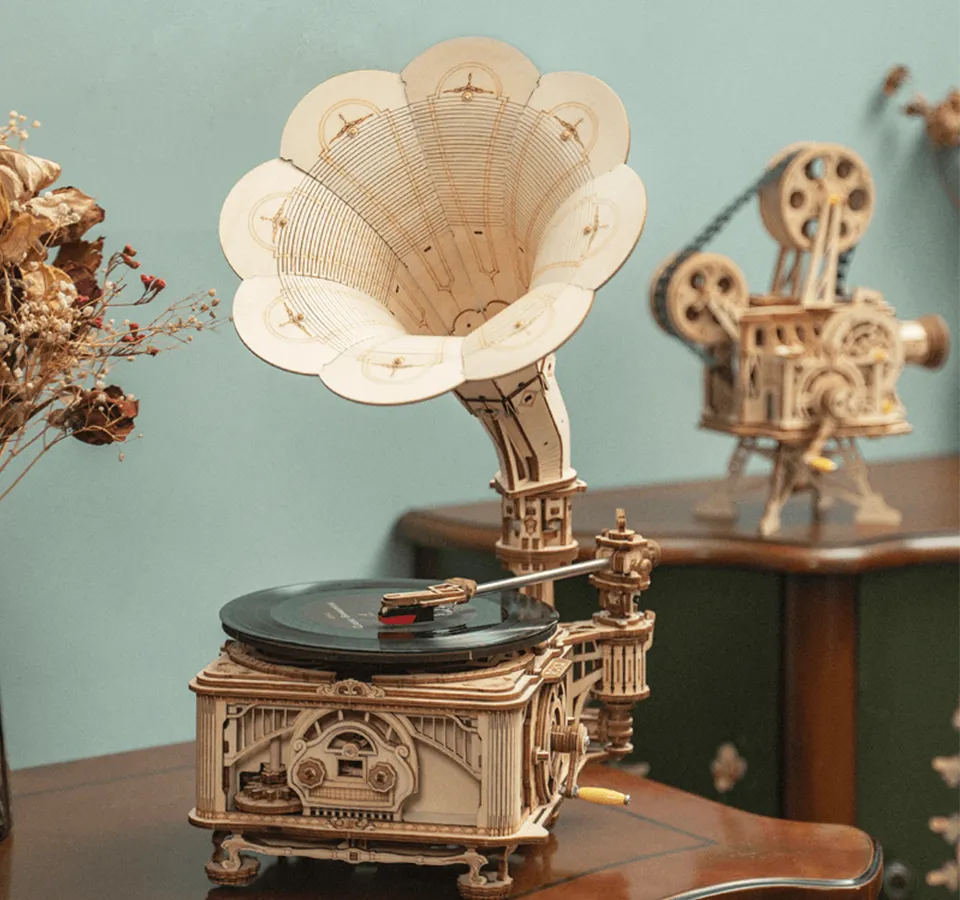 magicholz-mechanischer-bausatz-retro-grammophon-holzpuzzle-mit-kurbel image 1