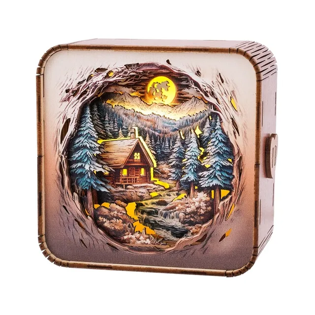kaayee-night-light-snow-mountain-cabin-nachtlicht-holzbausatz image 1
