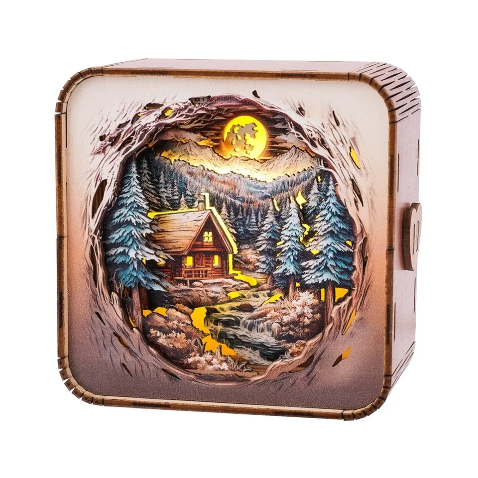 kaayee-night-light-snow-mountain-cabin-nachtlicht-holzbausatz image 1