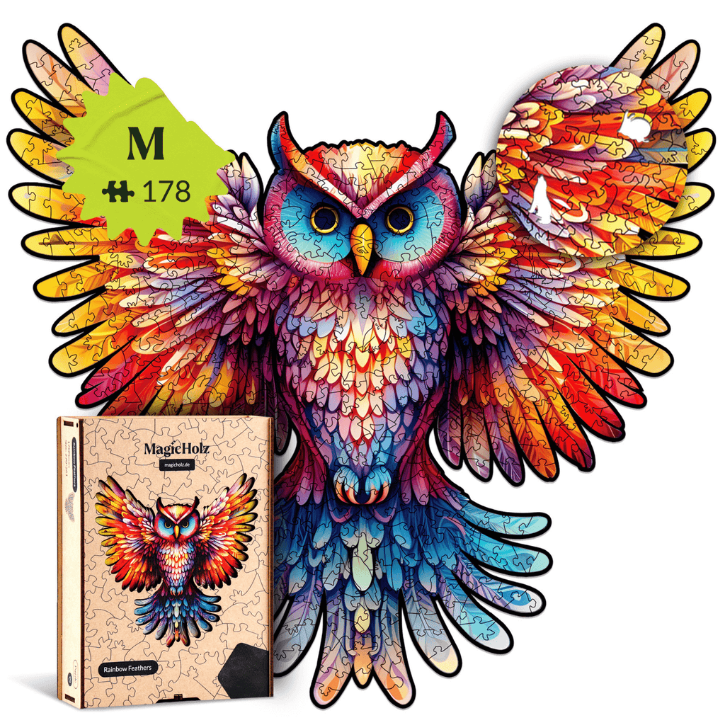 magicholz-regenbogenfeder-eule-holzpuzzle-vogelmotiv-bunt image 1
