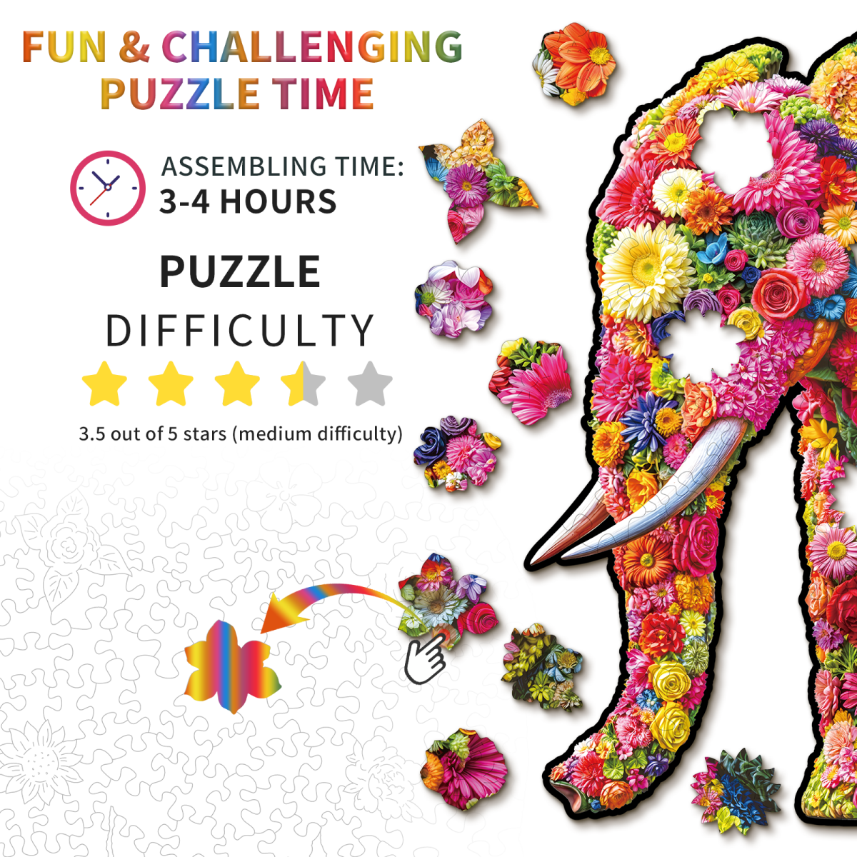 kaayee-flower-elephant-holzpuzzle-medium-mit-blumenmotiv image 3