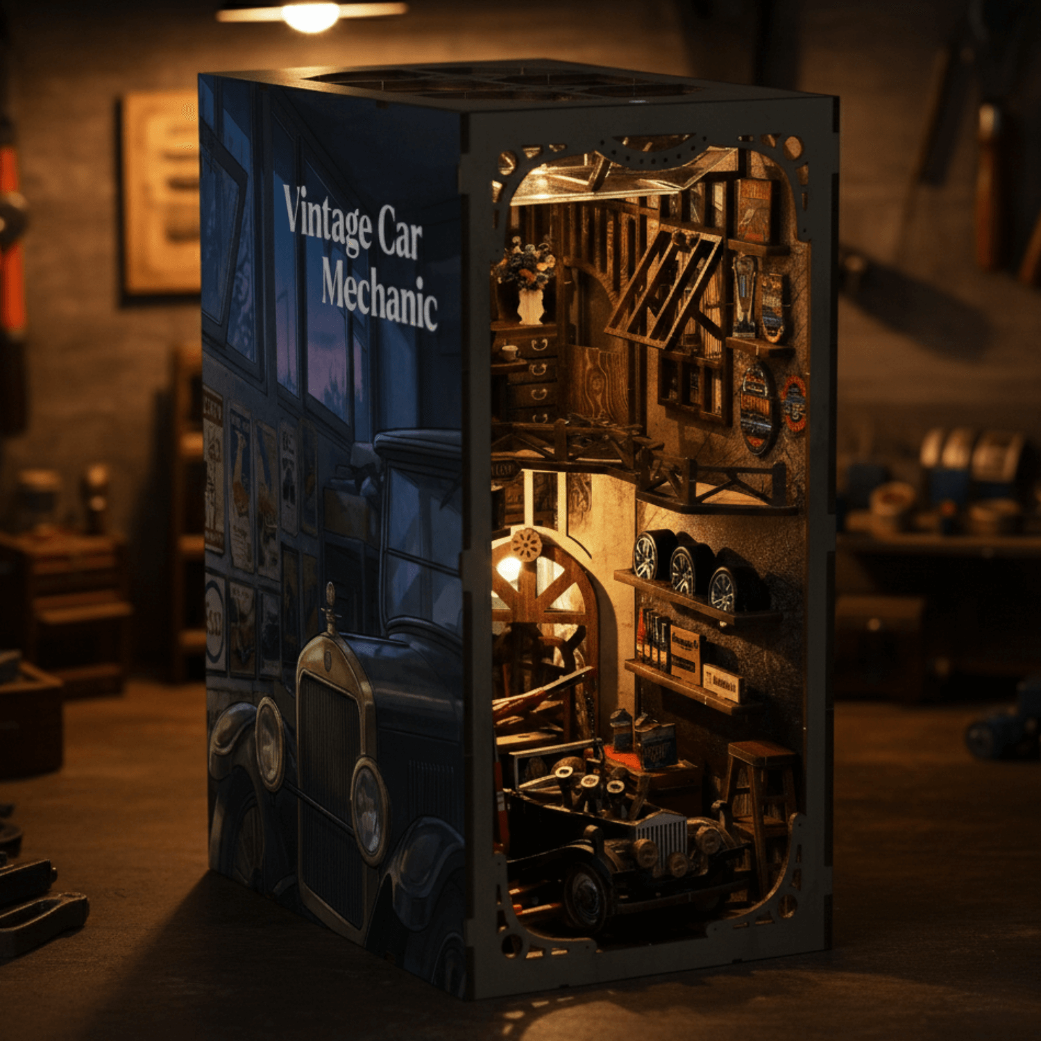 magicholz-miniaturhaus-vintage-car-mechanic-book-nook-werkstatt image 1