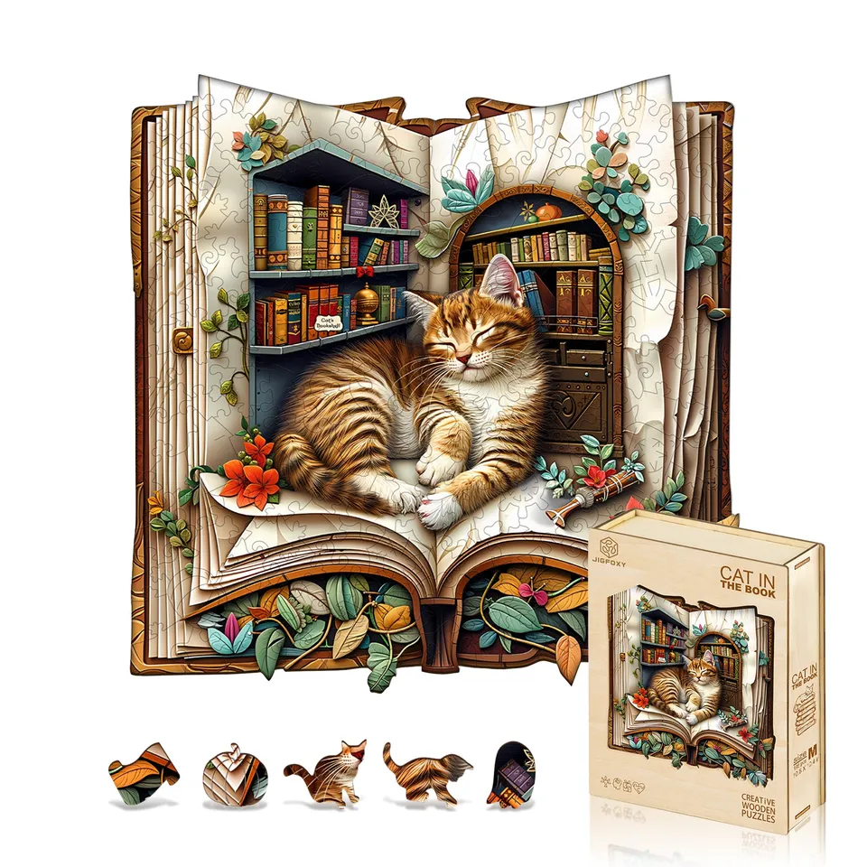 jigfoxy-cat-in-the-book-holzpuzzle-m-195-teile-katze image 1
