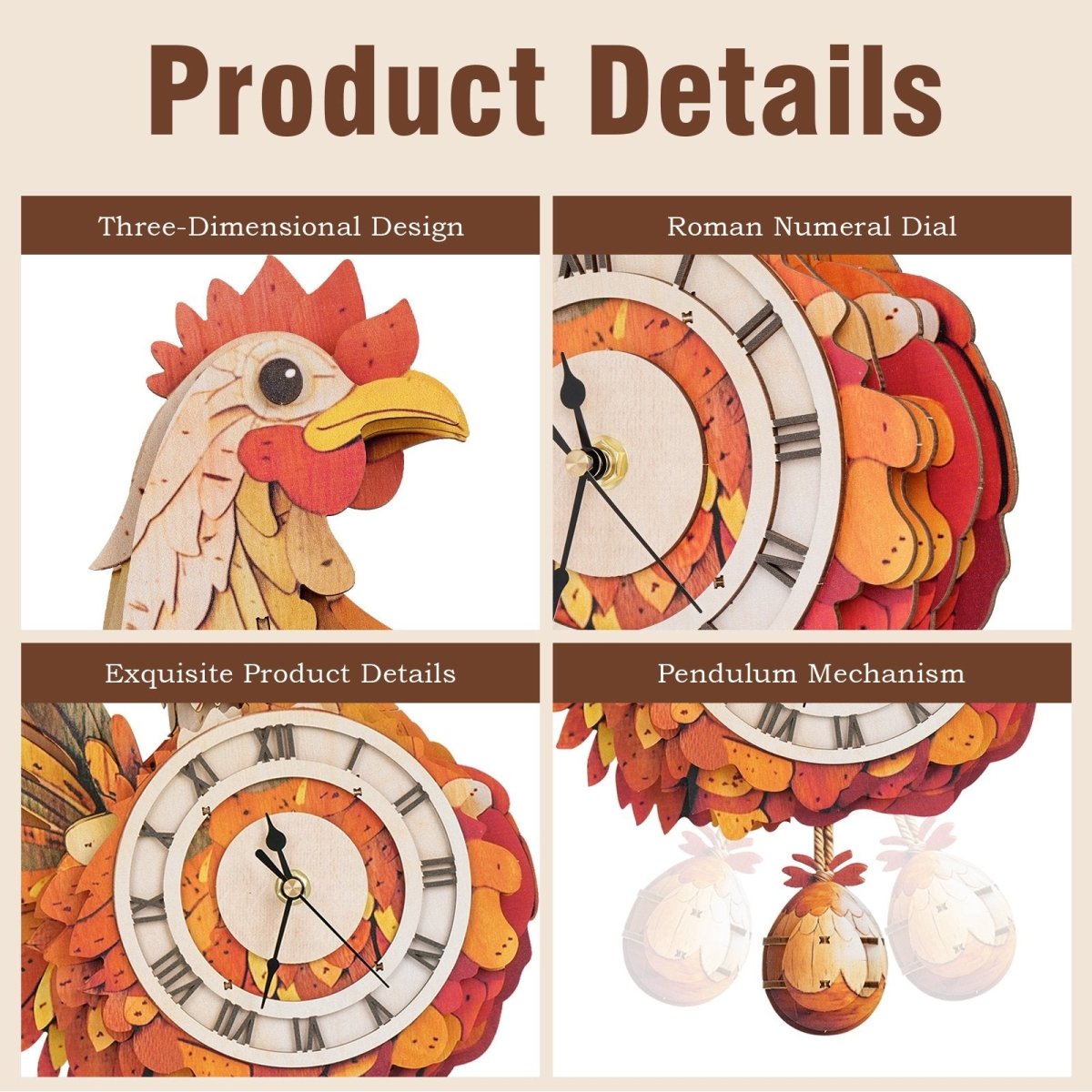 kaayee-hen-wooden-clock-kit-holzuhr-huhn-mit-pendel-3d-puzzle image 4