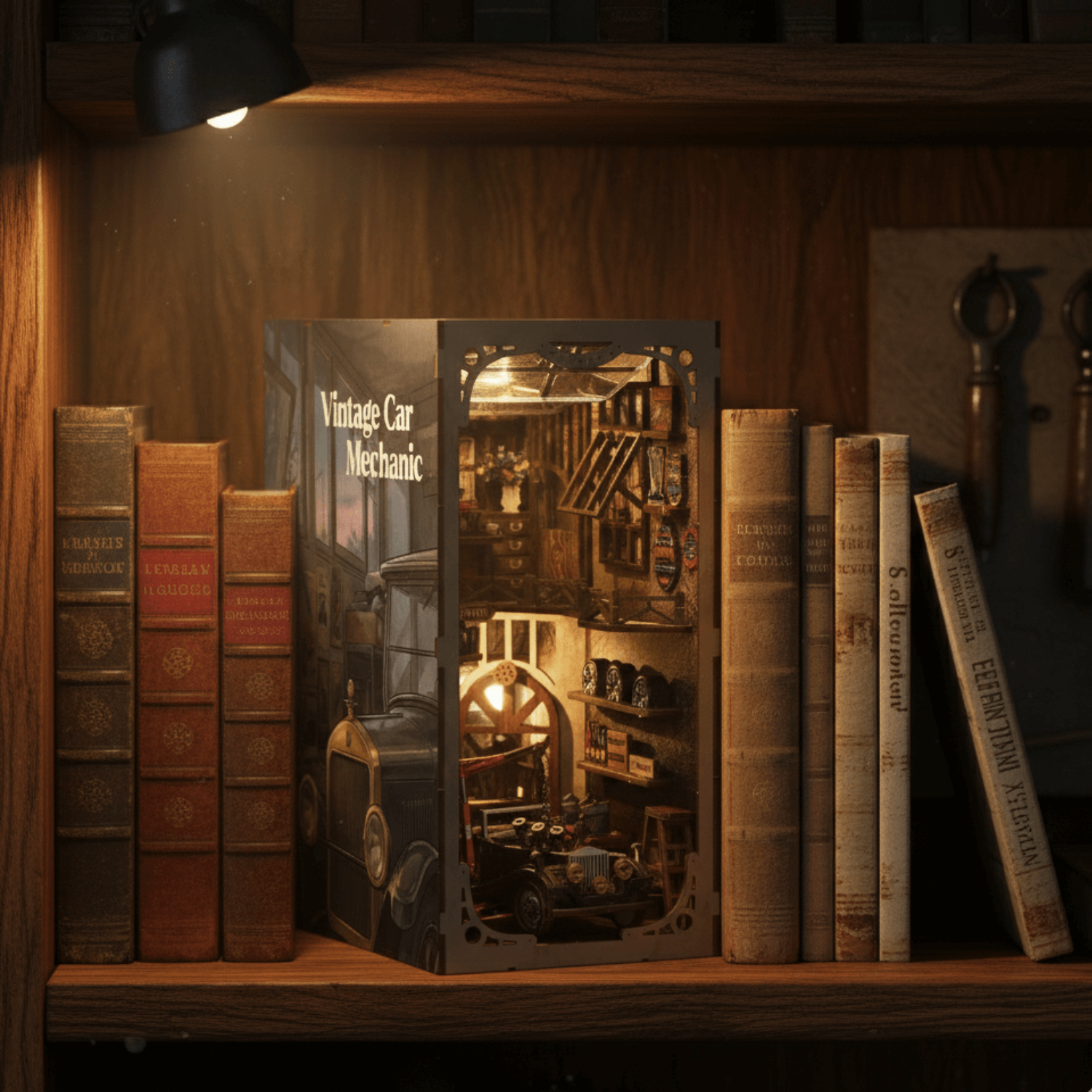 magicholz-miniaturhaus-vintage-car-mechanic-book-nook-werkstatt image 2