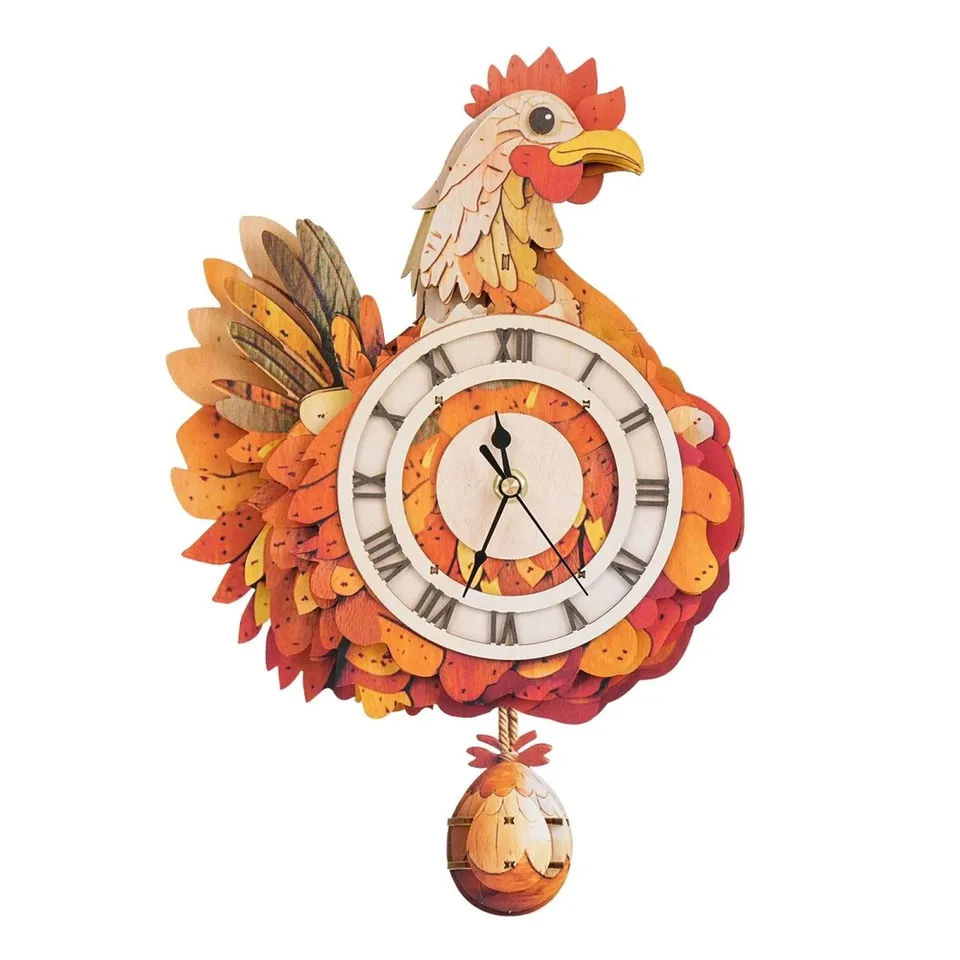 kaayee-hen-wooden-clock-kit-holzuhr-huhn-mit-pendel-3d-puzzle image 1