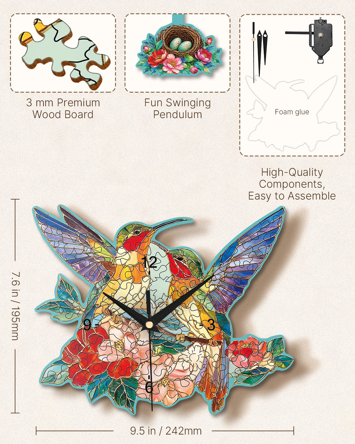 kaayee-clock-kit-hummingbird-garden-holzuhr-mit-pendel image 3