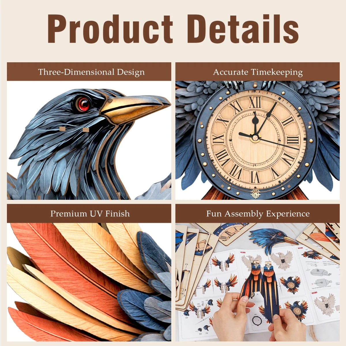 kaayee-clock-kit-raven-wanduhr-rabe-holz-3d-puzzle image 3