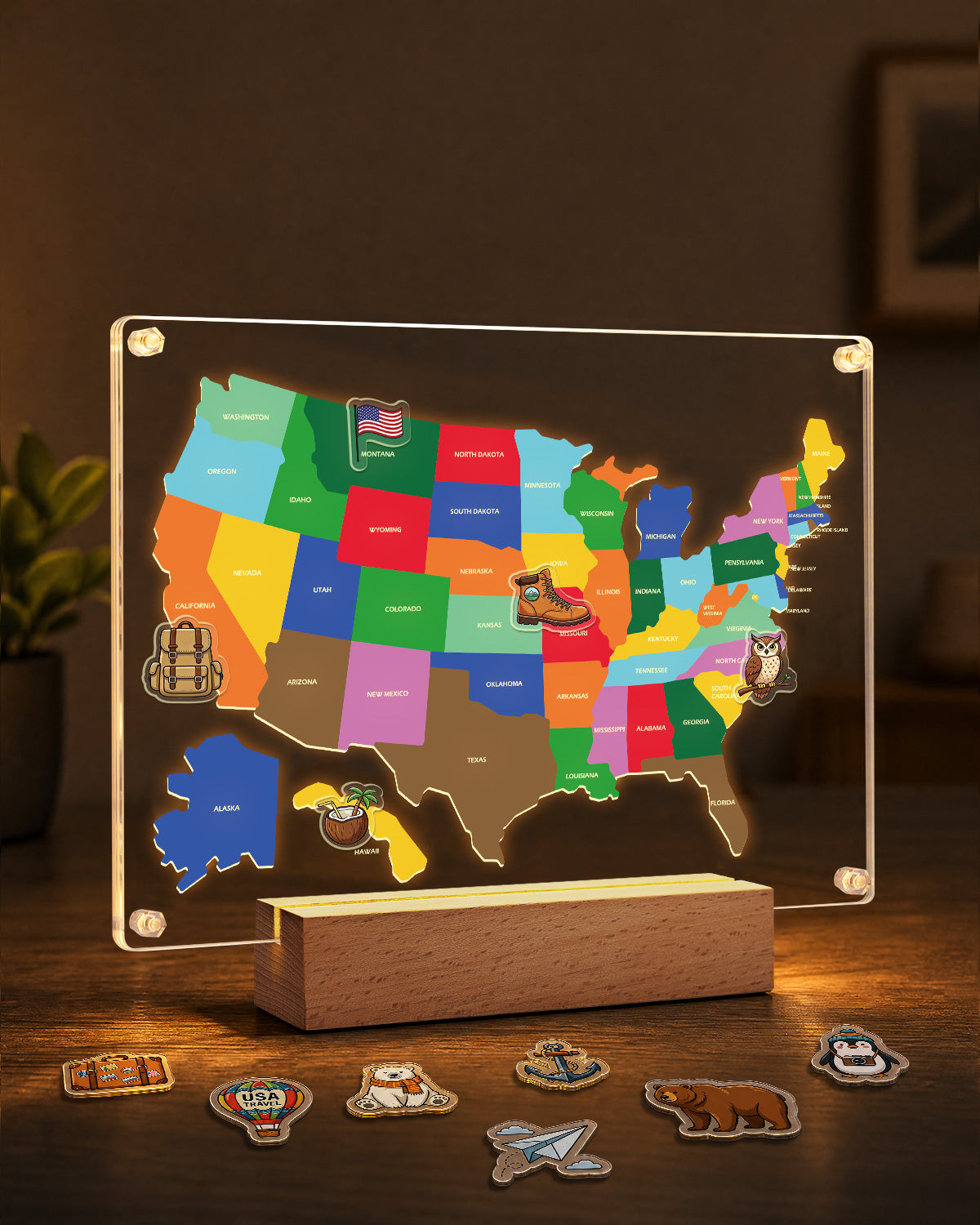 kaayee-night-light-us-map-acryl-nachtlicht-mit-holzsockel image 3