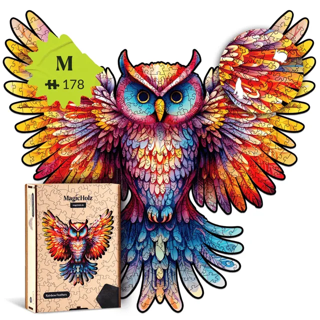 magicholz-regenbogenfeder-eule-holzpuzzle-vogelmotiv-bunt image 1
