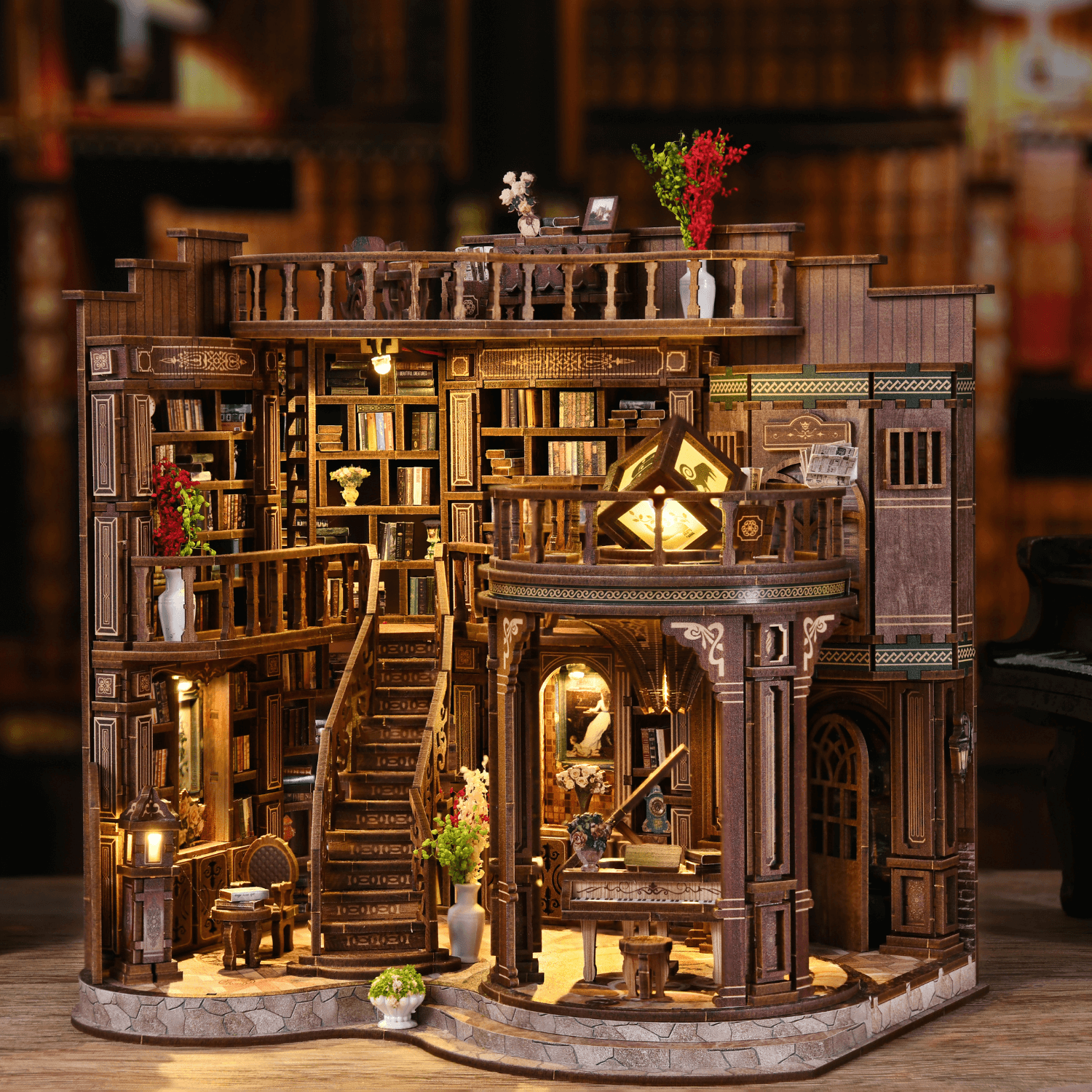 magicholz-miniaturhaus-grand-library-bastelset-mit-led-beleuchtung image 1
